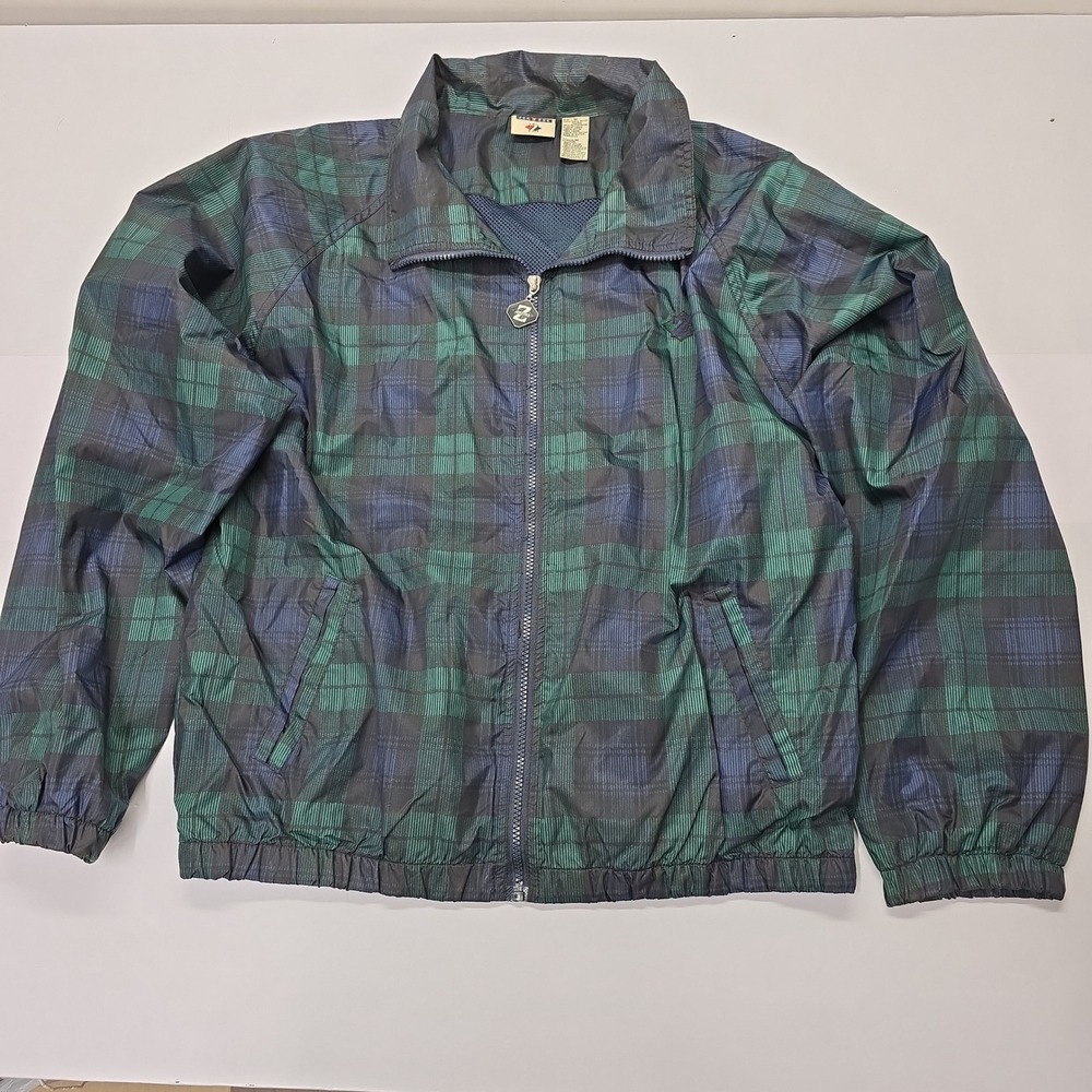 Vintage Jerzees Mens Green‎ Blue Plaid Windbreaker Jacket Mesh Lined Size M